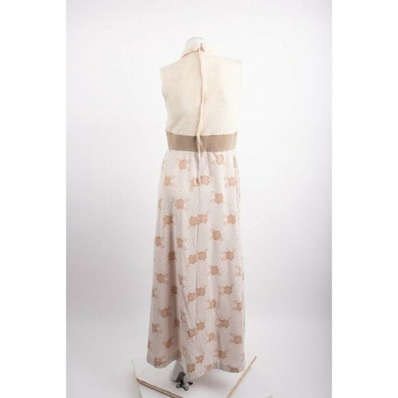 Vintage 70s Womans Maxi Dress Size 16 M Beige Tan Floral Turtleneck Sleeveless - Picture 4 of 9